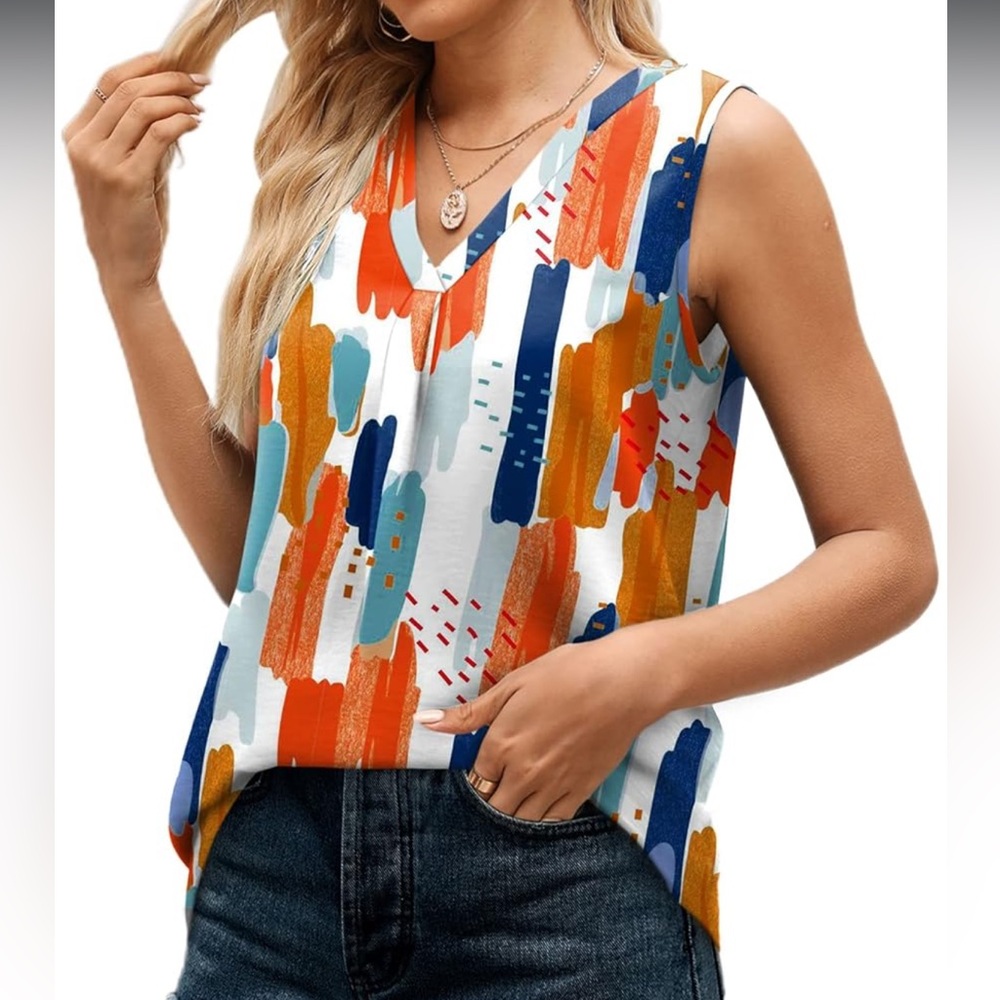 NWT Chiffon Colorful Abstract Print Sleeveless Tank Top Office Work Blouse - Picture 2 of 7